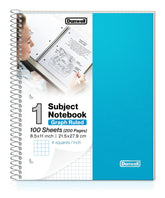 Dunwell Graph Paper Spiral Notebook (Blue) Plastic Cover, 100 Sheets, 1 Subject 4x4 Graph Paper Notebook 8.5 x 11, Graphing Notebook, 1/4 Inch Grid Graph Ruled Notebook, Poly Divider with Pockets